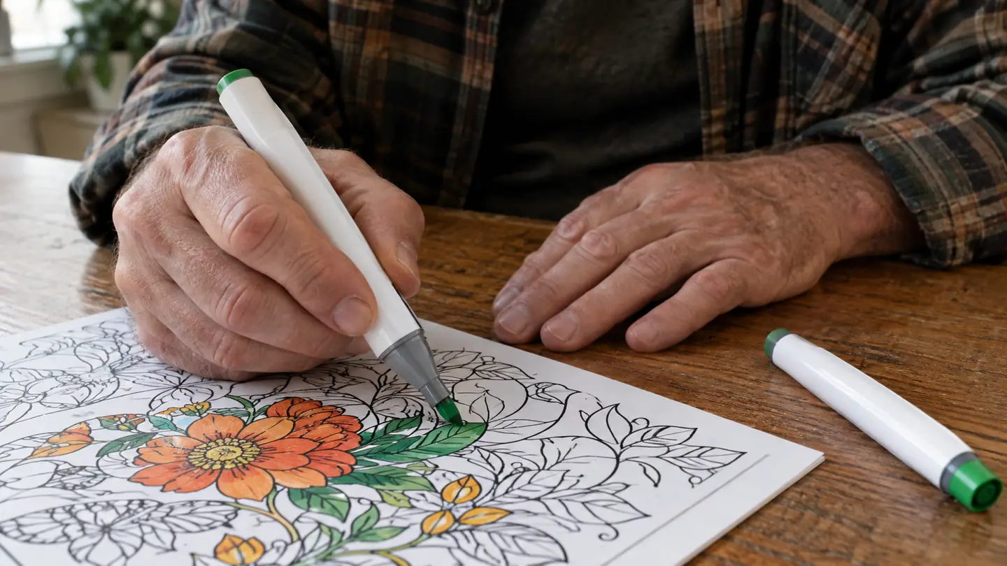 A hand holding a marker with a chisel tip over a coloring page, with a second marker lying on the table