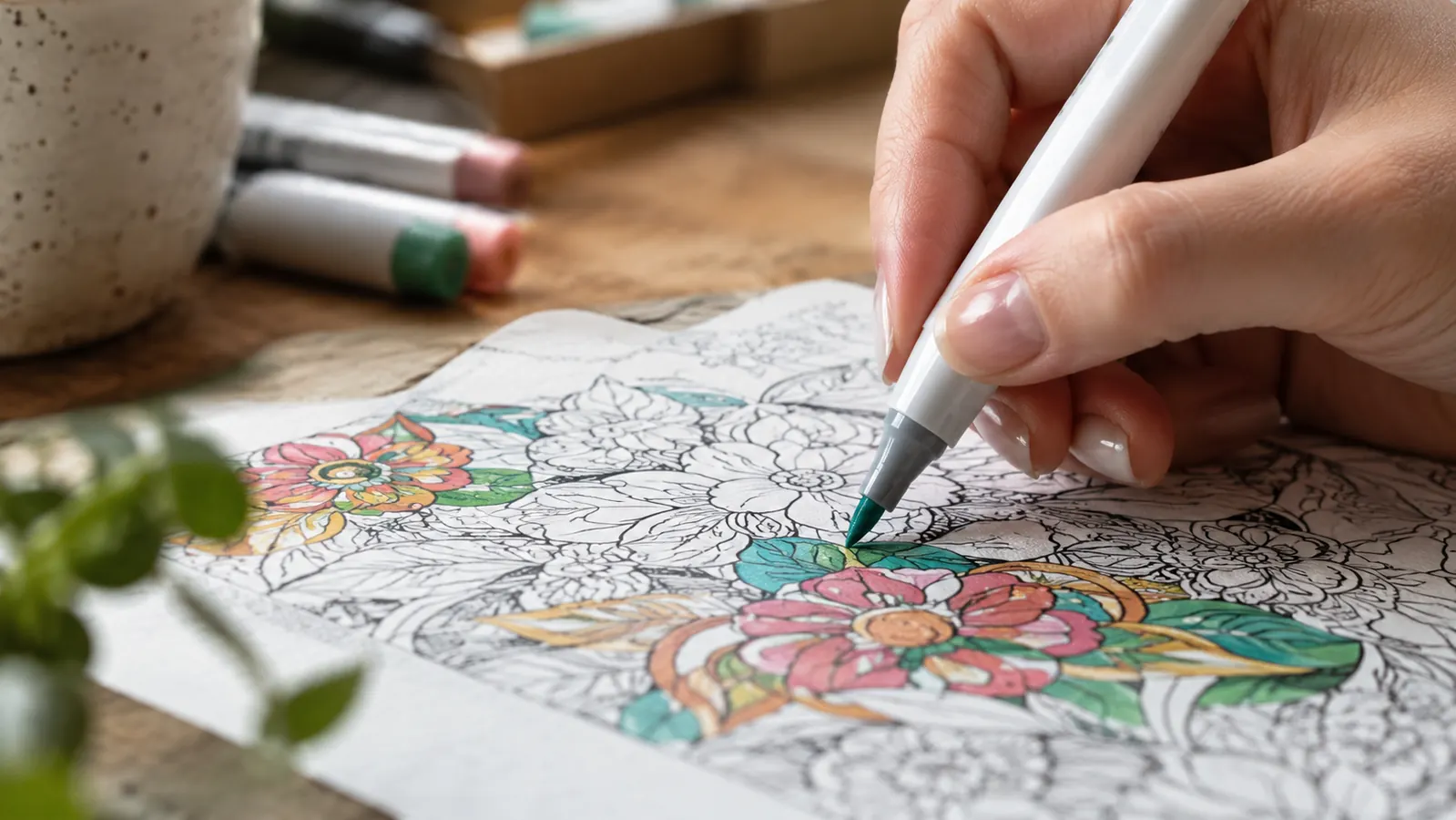 A close view of a hand coloring a small section of a page with a fine-tipped marker