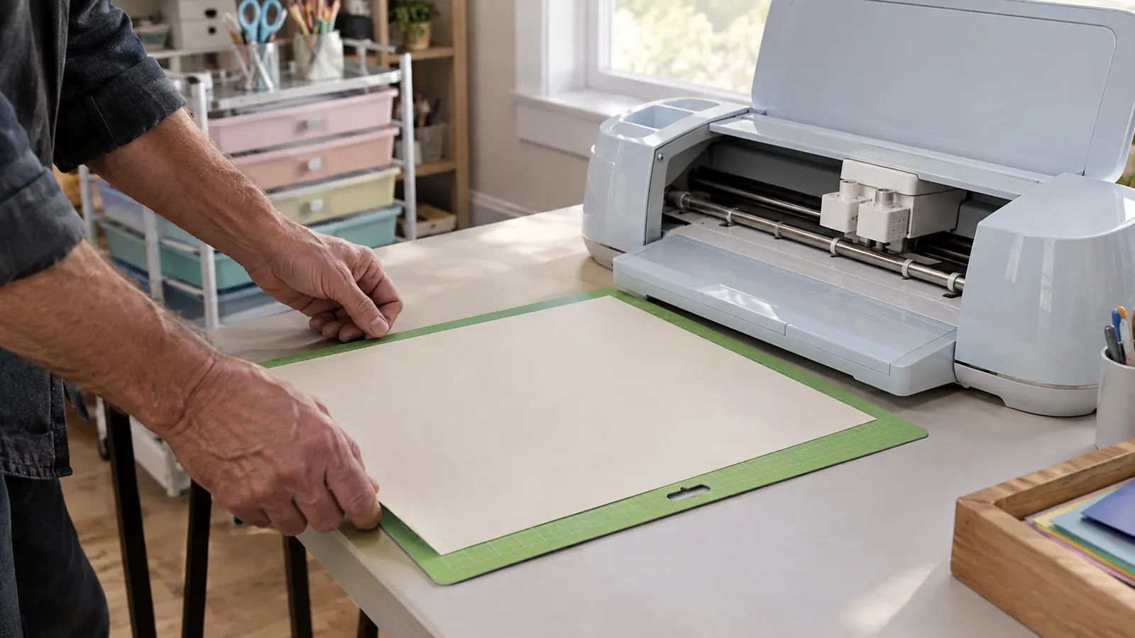 Hands loading a sheet of cardstock onto a cutting mat beside the cutting machine on a craft table.