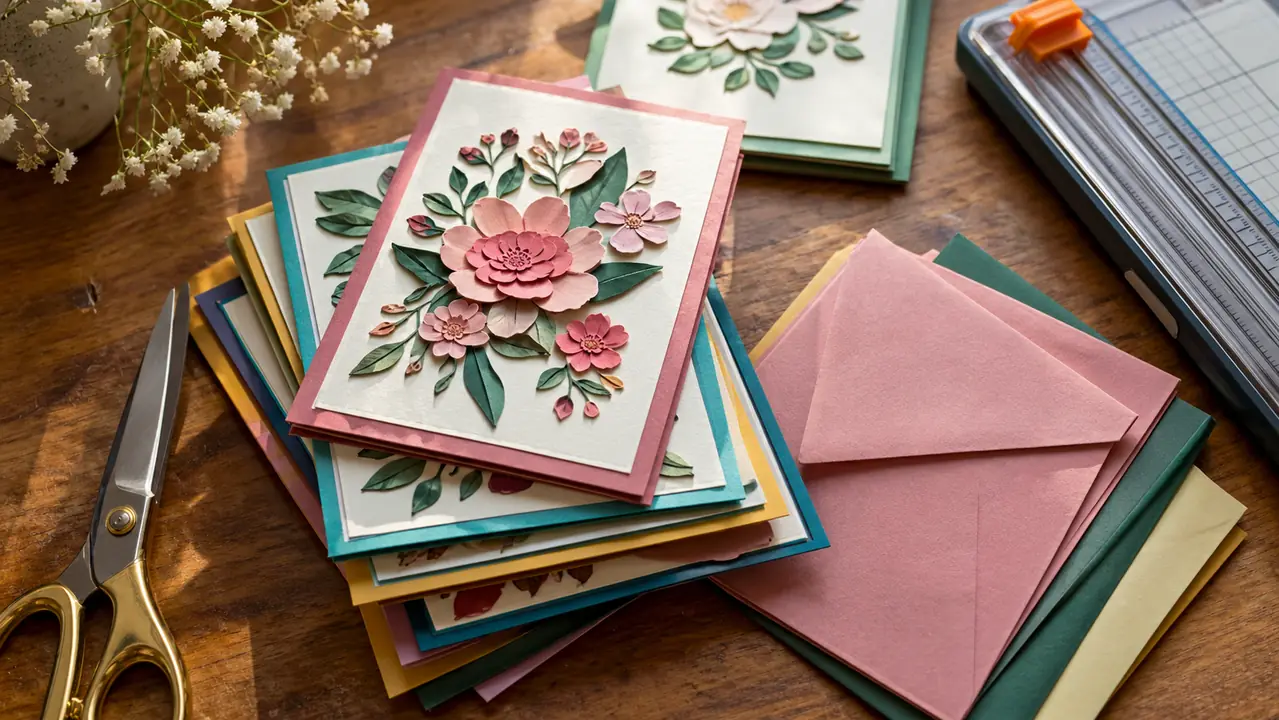 A stack of finished handmade cards with precise cut paper details on a wooden table.