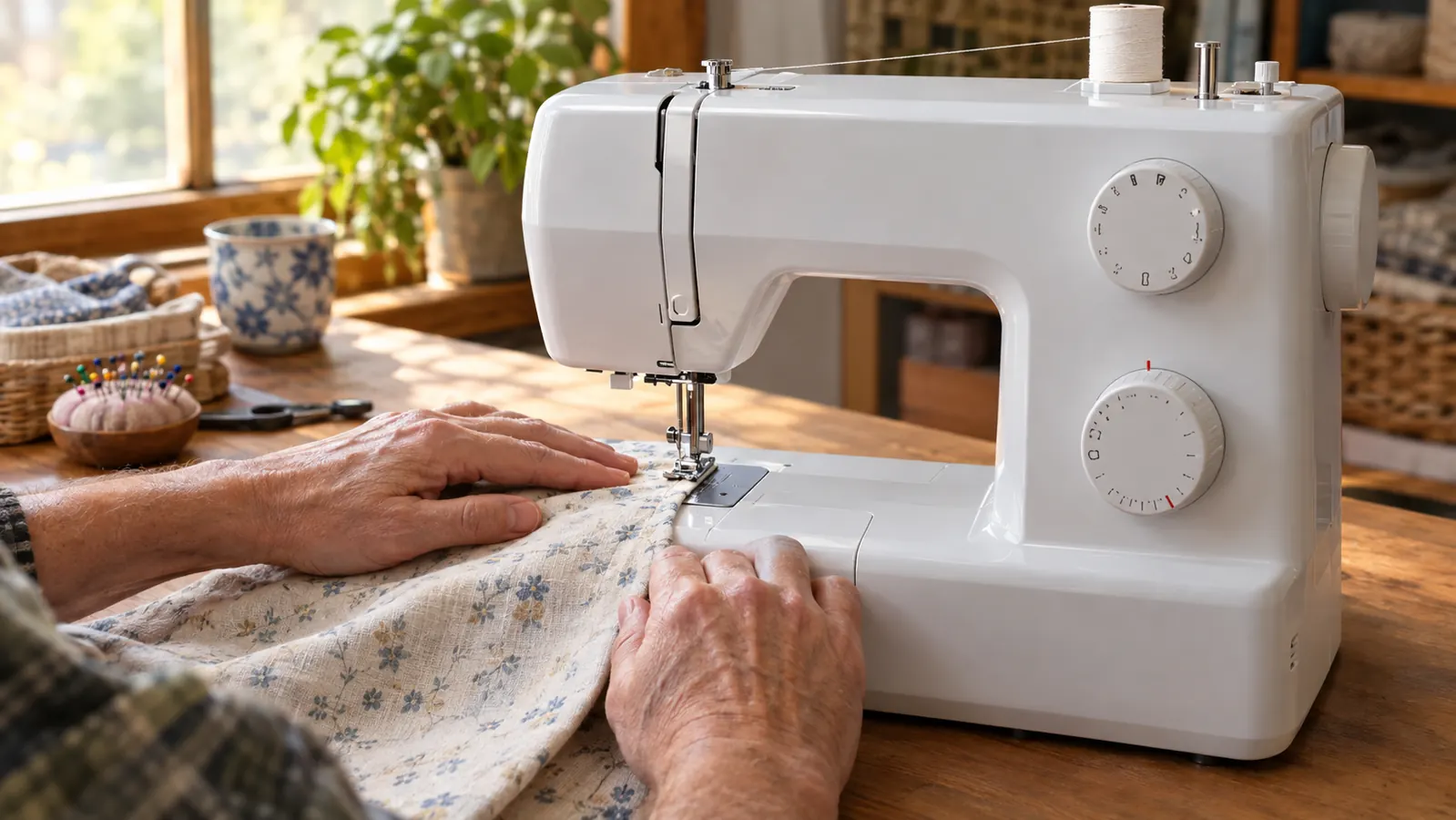 A woman's hands guiding fabric under the presser foot of a sewing machine on a craft table
