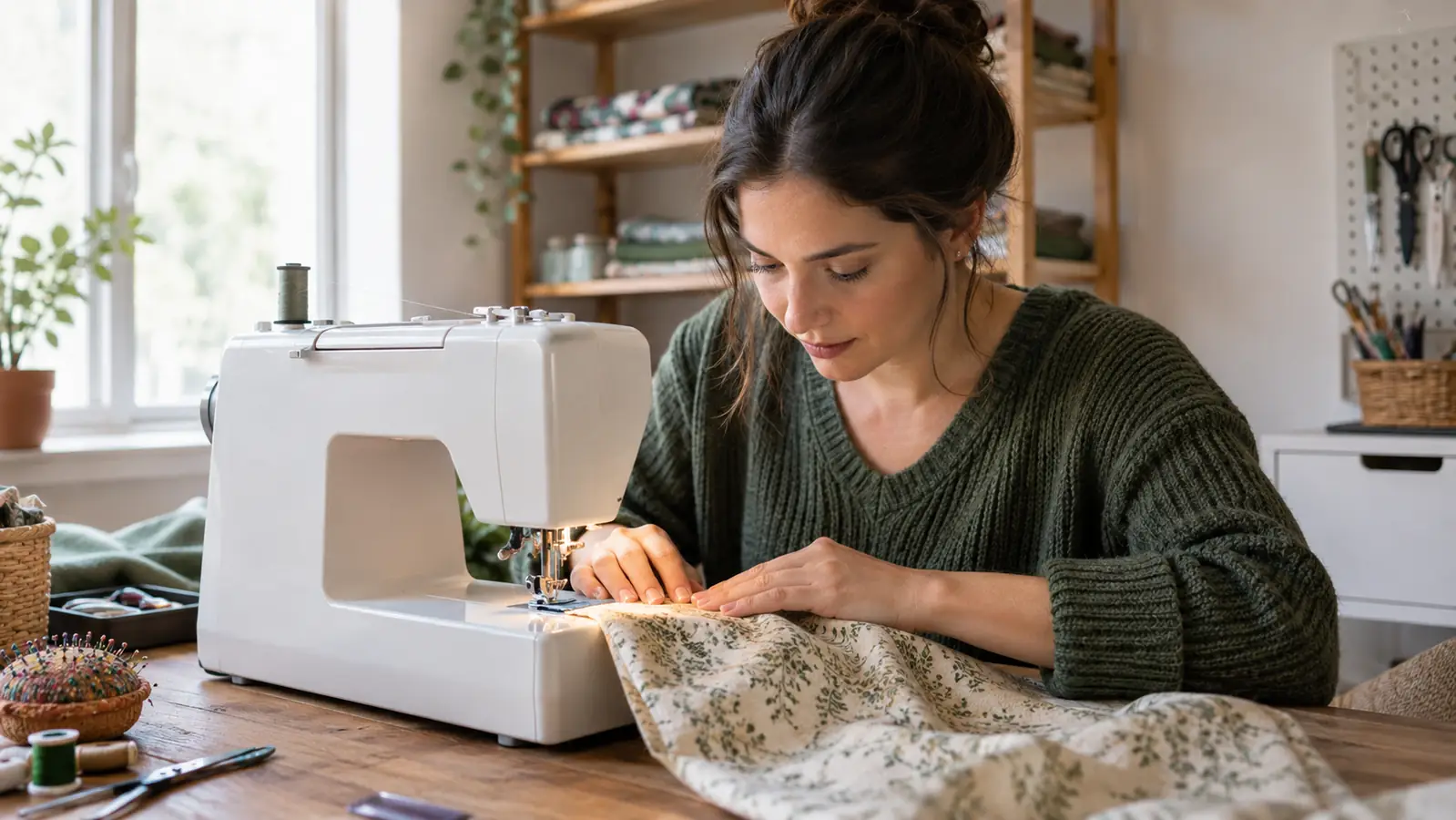 A woman at a craft table sewing a straight seam on a piece of fabric