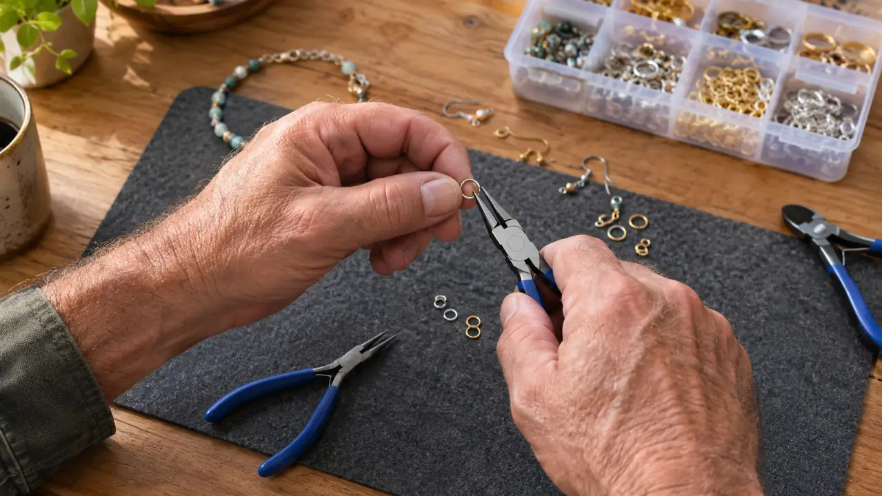 A person using small pliers from a jewelry kit to open a jump ring at a craft table