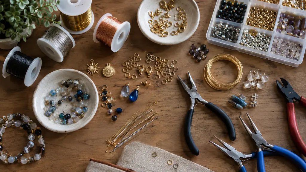 A flat lay of jewelry making supplies including pliers, wire, and findings on a craft table