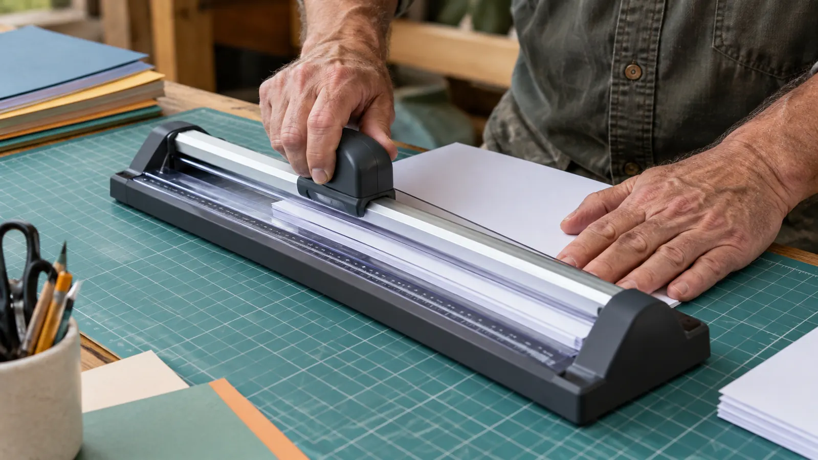 Close view of a hand pressing down on a rotary paper cutter while trimming a stack of paper