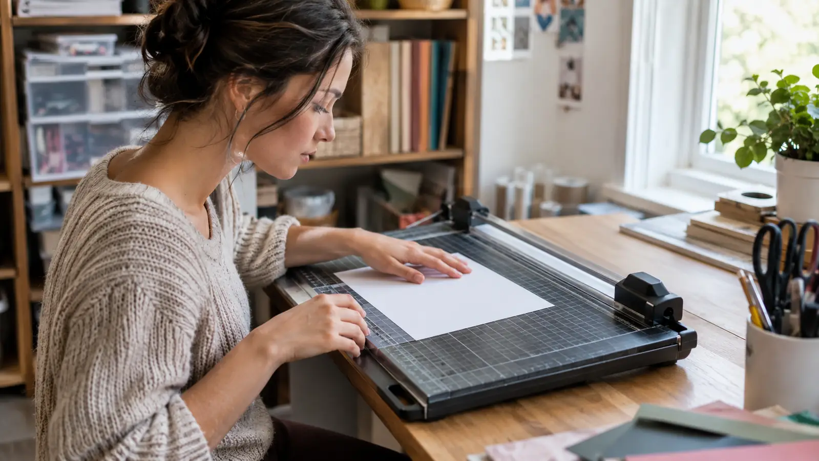 A woman lining up a sheet of paper against the grid on a rotary paper cutter at a craft table
