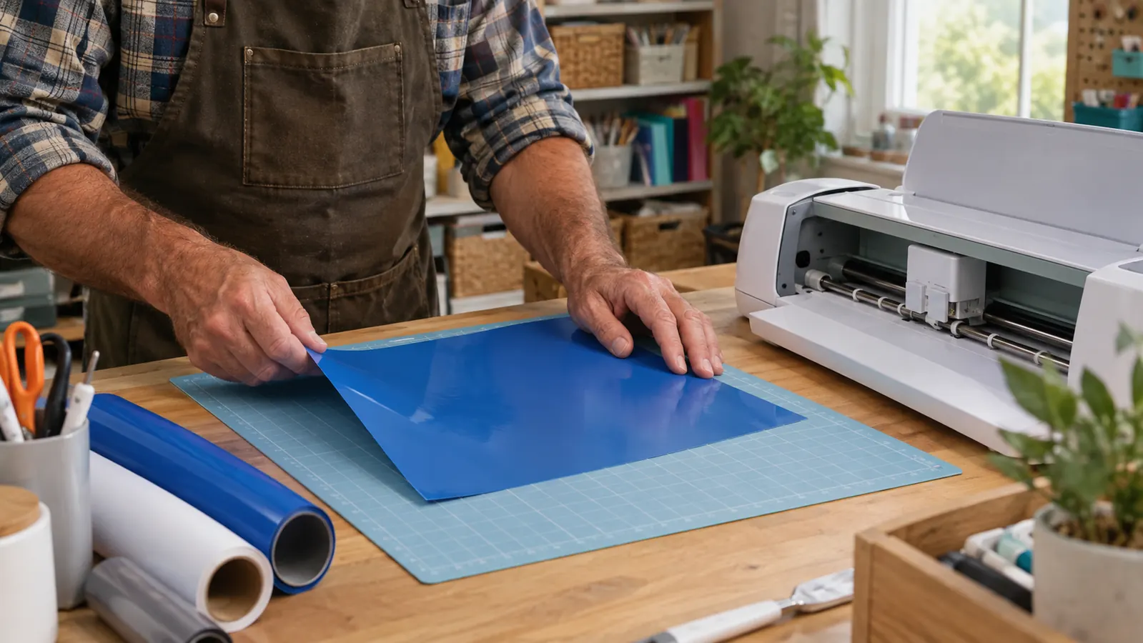 A woman's hands placing a sheet of vinyl on a cutting mat beside a cutting machine on a craft table