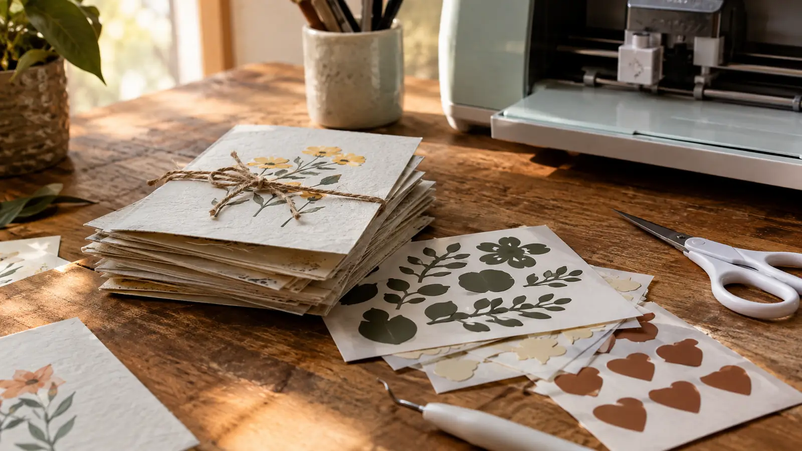 A stack of finished paper cards and vinyl decals on a craft table next to a cutting machine