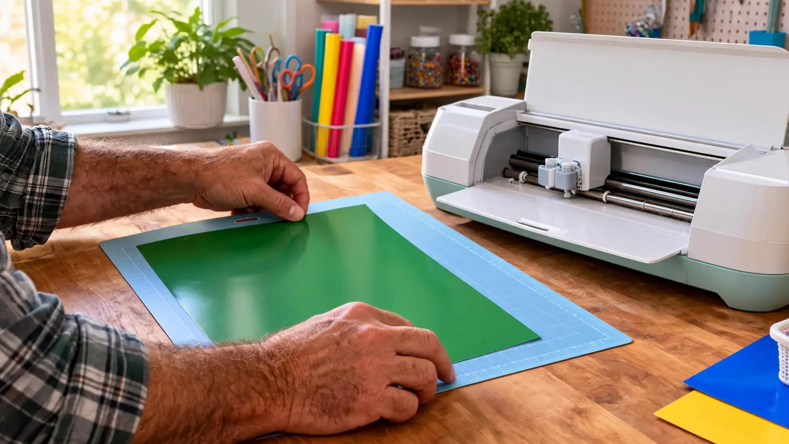 A woman's hands placing a sheet of vinyl on a cutting mat next to a cutting machine