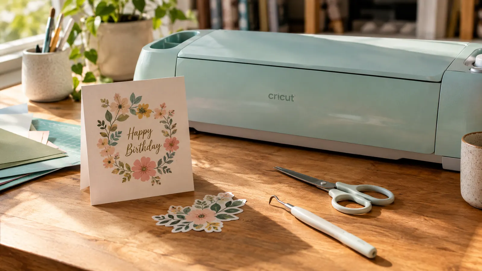 A cutting machine on a craft table with a finished card and a small vinyl decal beside it