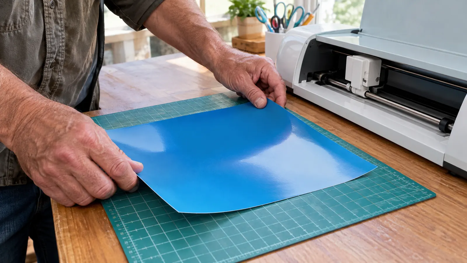 A woman's hands placing a sheet of vinyl on a cutting mat beside a cutting machine