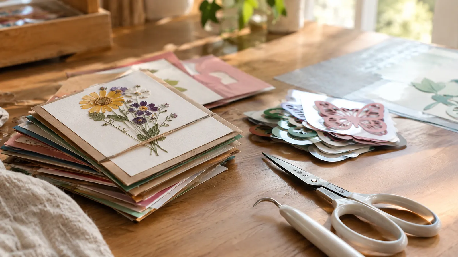 A stack of finished handmade cards and a small pile of vinyl projects on a craft table