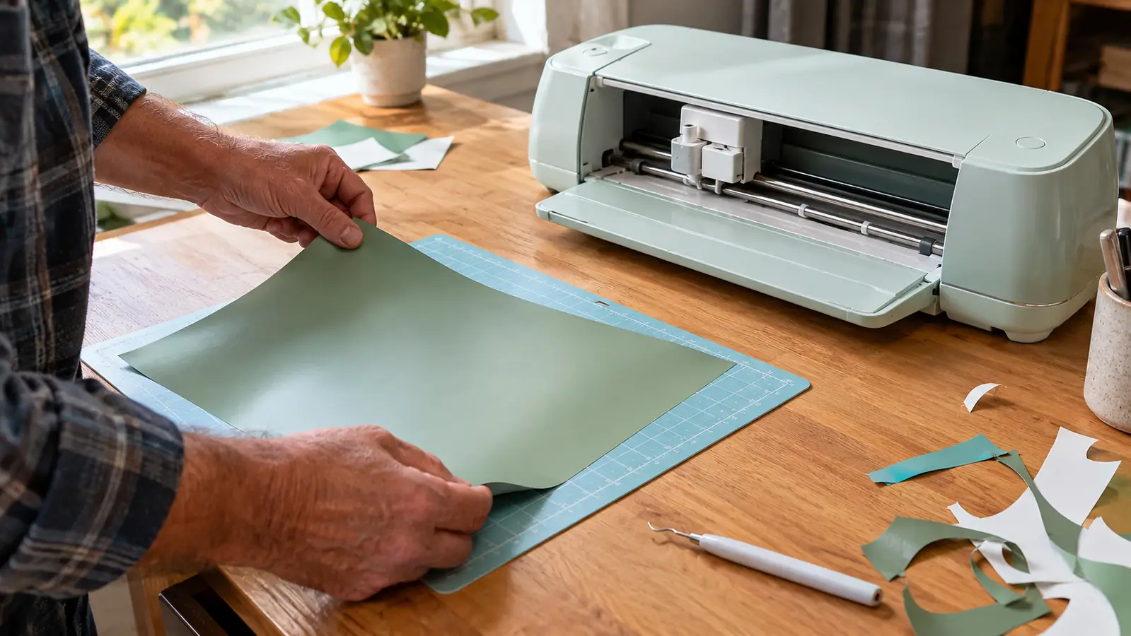 A woman's hands placing a sheet of vinyl onto a cutting mat beside a cutting machine on a craft table