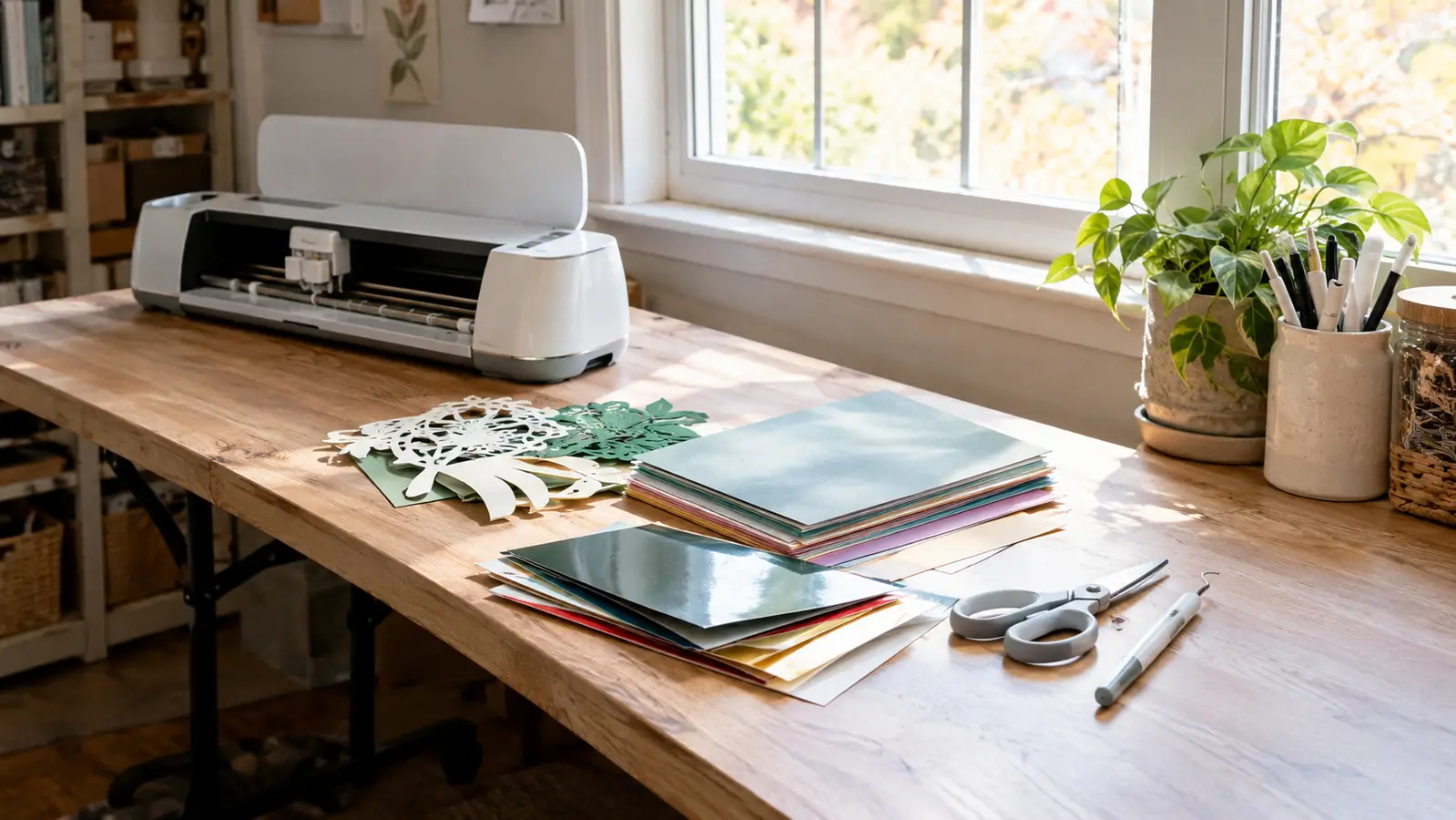 A craft table with a cutting machine, a tidy pile of test cuts in cardstock and vinyl, scissors, and a weeding tool, with a window behind