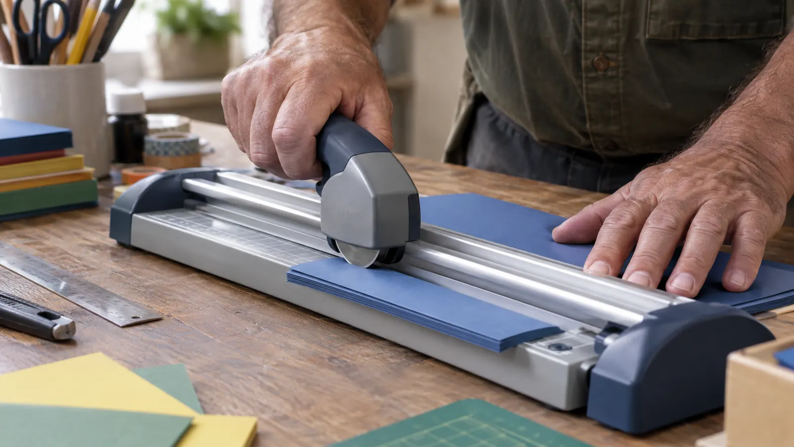 Close view of a hand pressing down on a rotary paper cutter as it slices through a stack of cardstock on a craft table