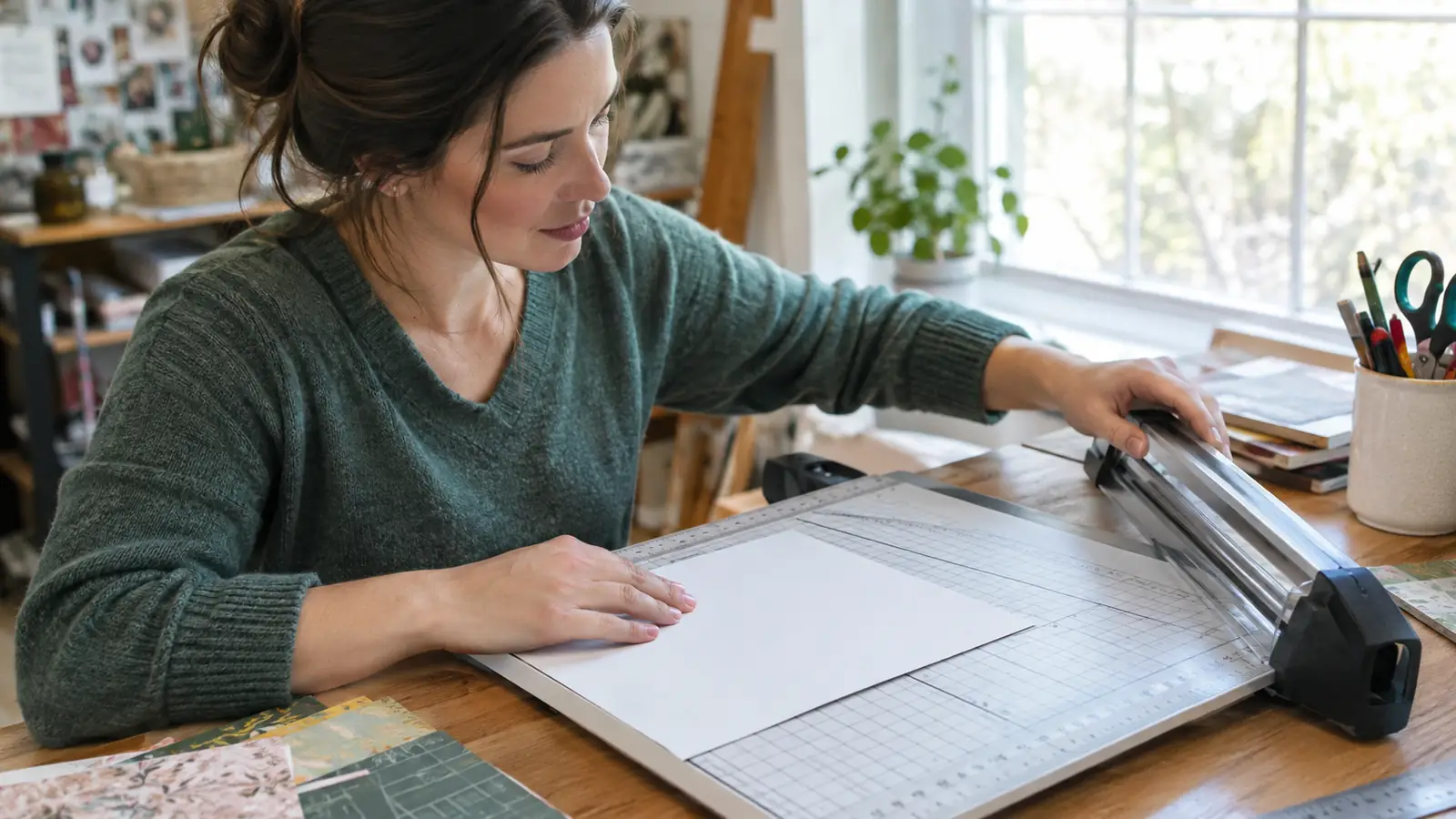A woman lining up a sheet of paper against the grid on a rotary paper cutter at a craft table