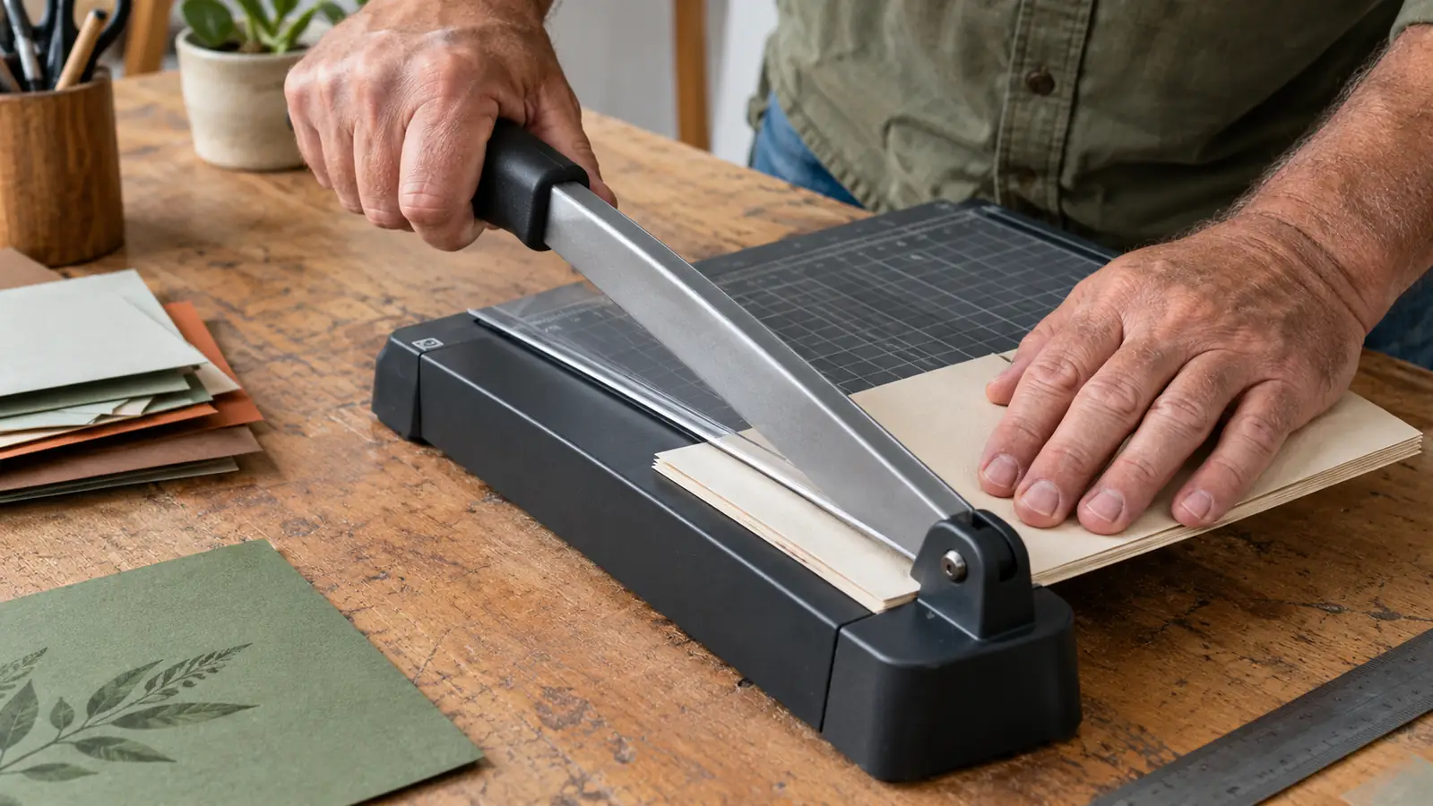 A hand pressing down on the guide bar of a rotary paper cutter while cutting a stack of card stock