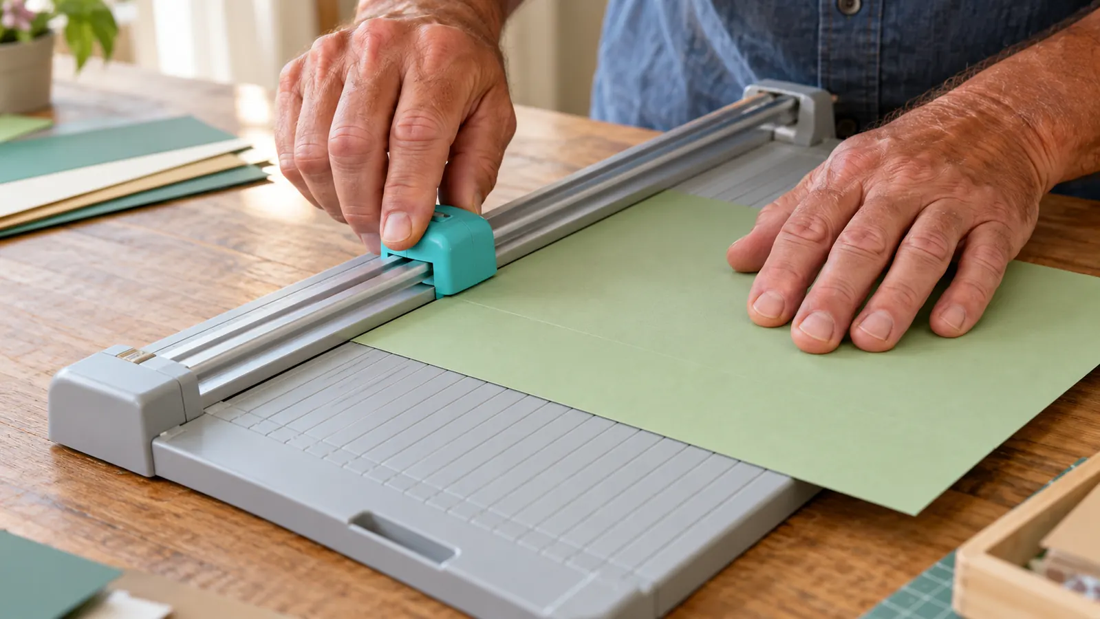 Close view of hands guiding a sheet of cardstock through a folding rotary paper cutter on a craft table