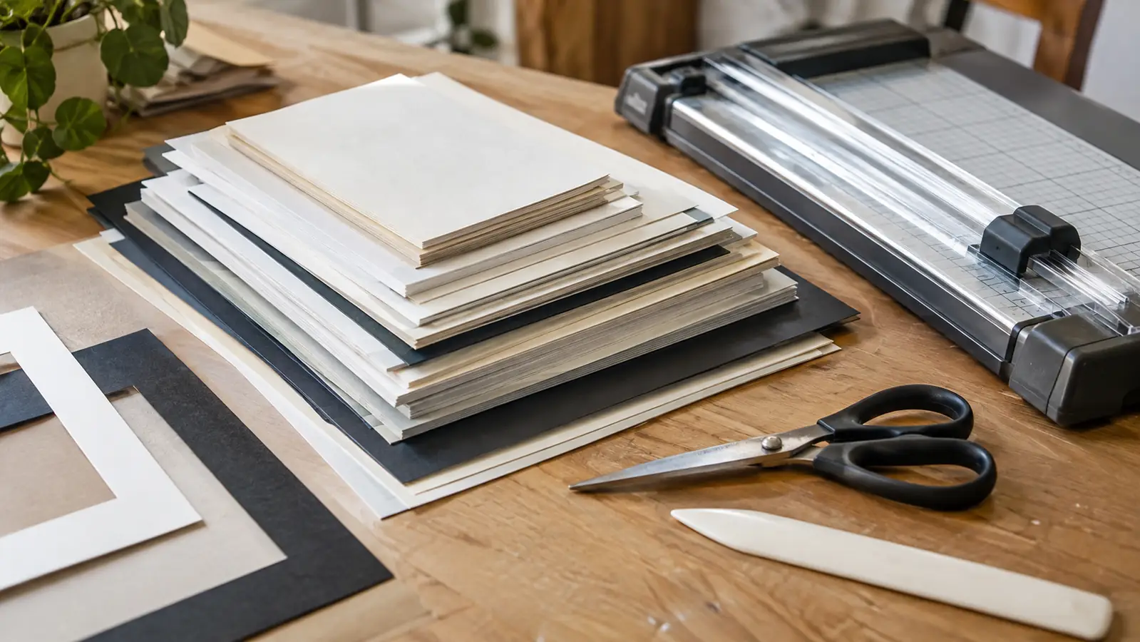 A neat stack of freshly cut paper cards and photo mats in different sizes on a craft table