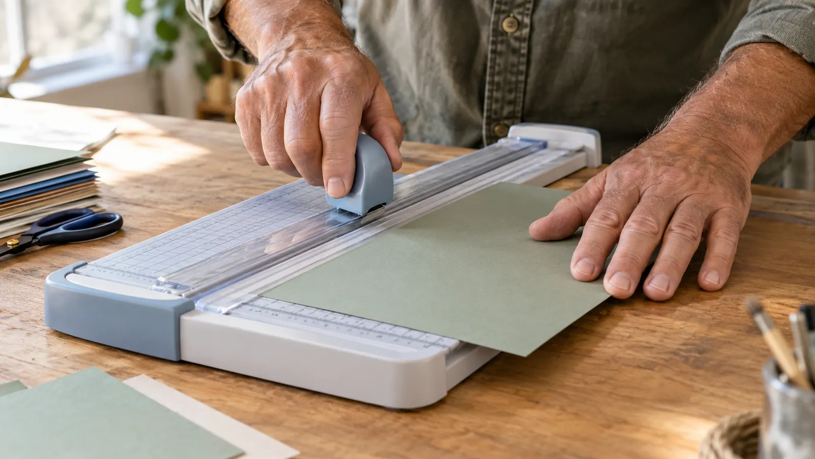 A close view of a woman's hands pressing down on a folding paper cutter as it trims a sheet of cardstock.