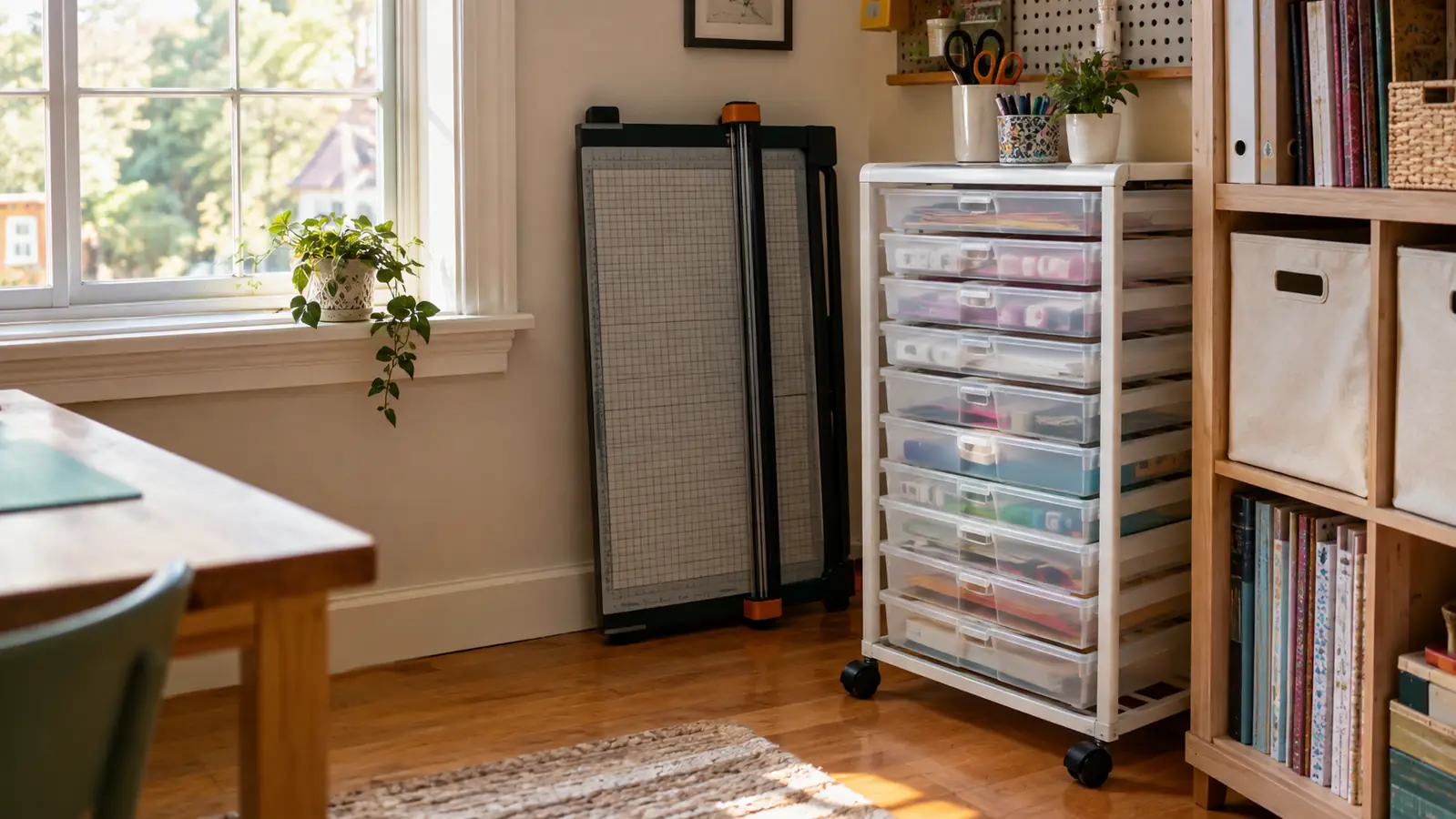A folding paper cutter stored flat against a wall in a craft room, with a rolling cart of drawers beside it.