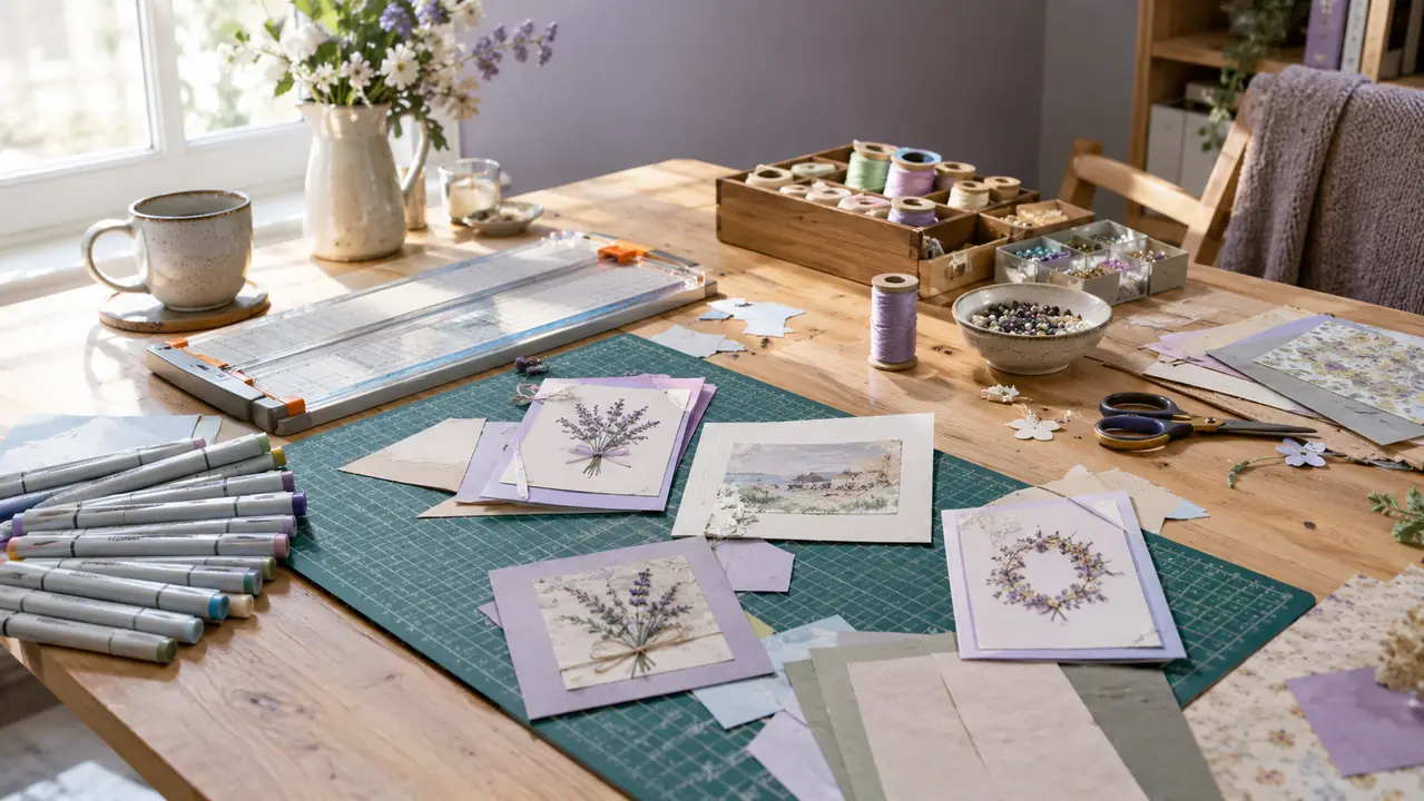 Overhead view of a craft table by a window with handmade cards, a paper trimmer, markers, thread spools and bead trays