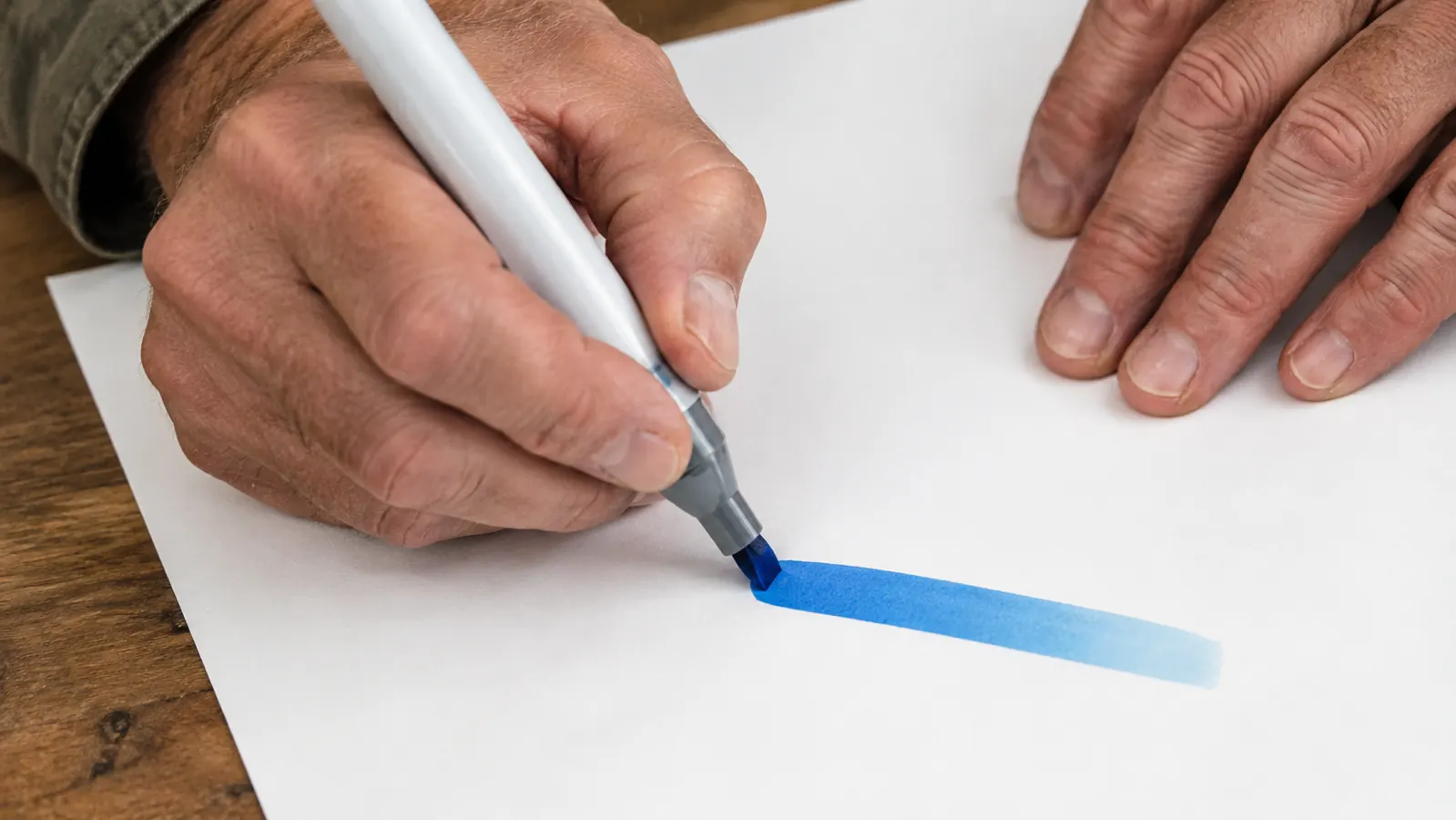 A hand holding an alcohol marker and drawing a smooth gradient stripe on white paper