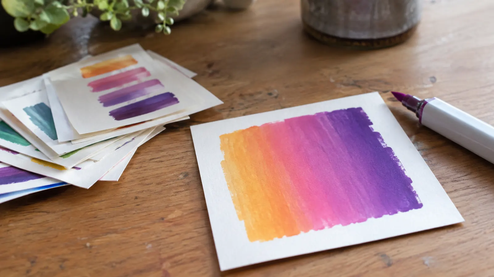 A small stack of marker swatch cards and a finished gradient blend on a craft table