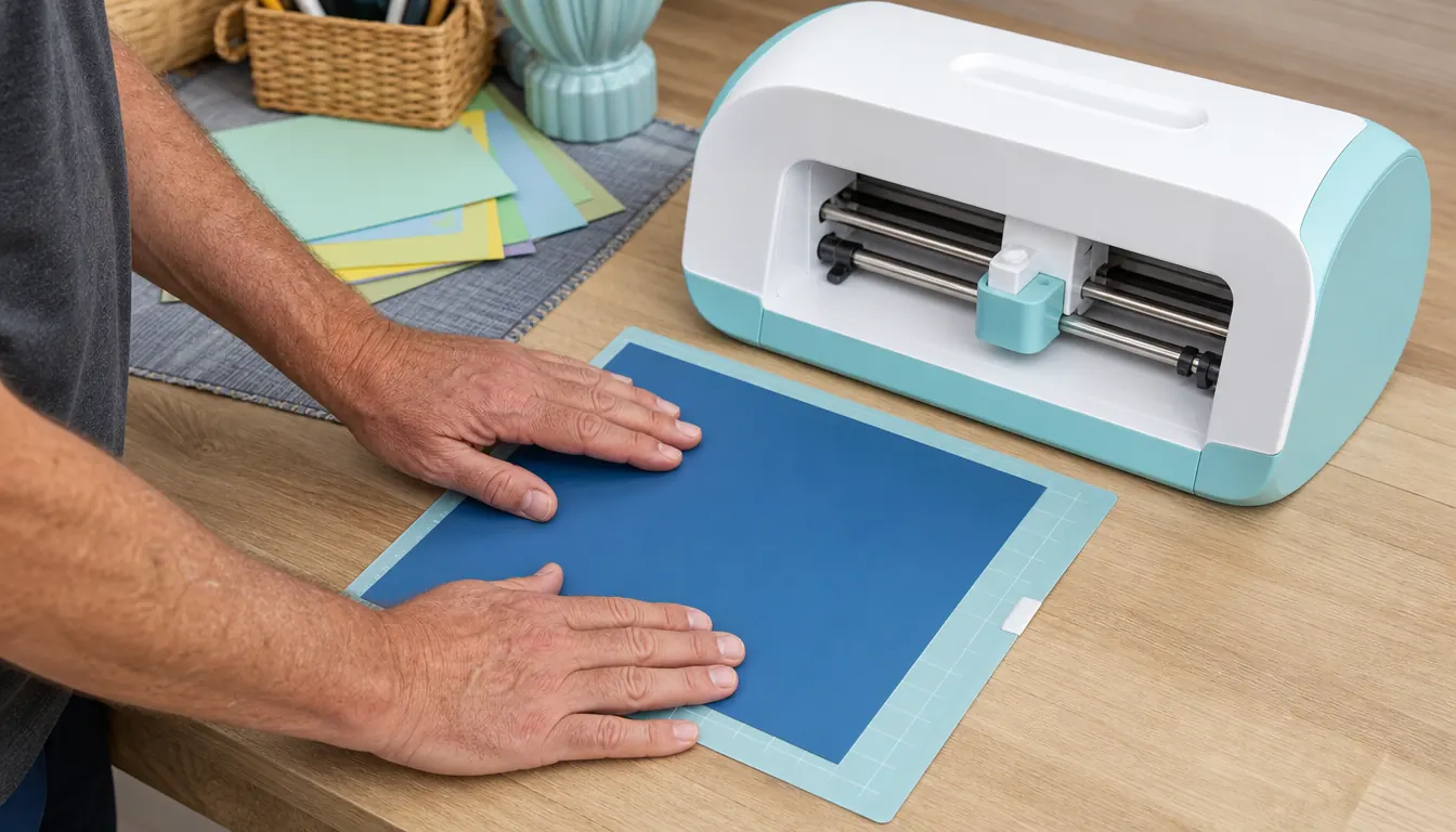 A woman pressing a sheet of cardstock onto the cutting mat beside the cutting machine