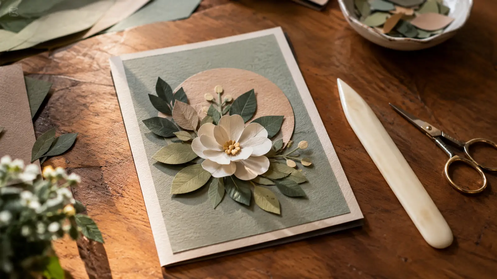 A finished folded card with layered paper shapes sitting on a craft table next to a bone folder and small scissors