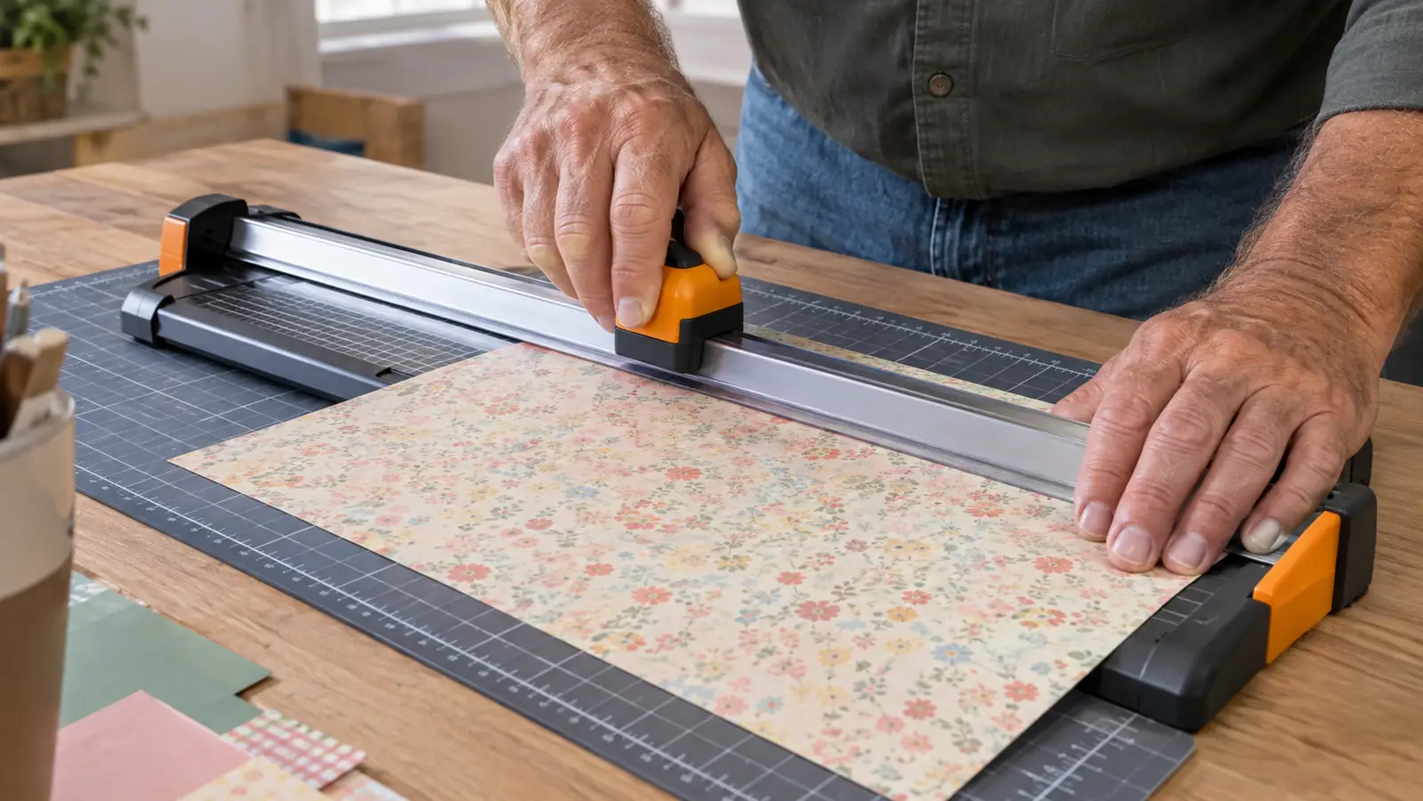 A hand pressing the blade carriage of a rotary paper cutter down along a straight rail while cutting a sheet of paper