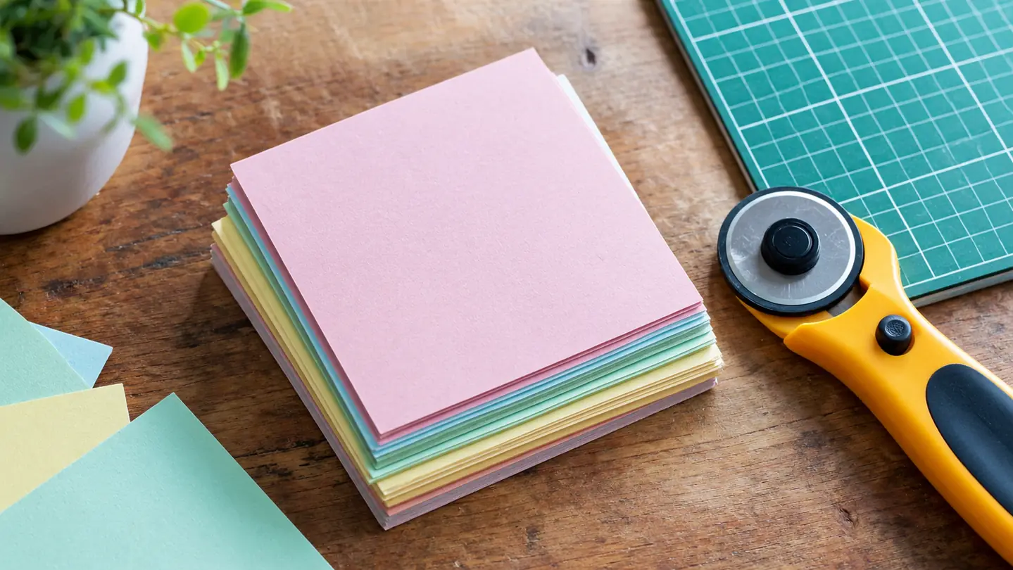 A stack of neatly cut paper squares in pastel colors on a craft table next to a rotary paper cutter