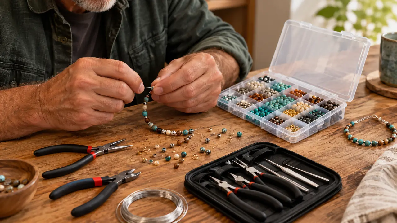 A woman's hands stringing beads onto a wire at a craft table, with a crimp tool and pliers from a jewelry kit nearby