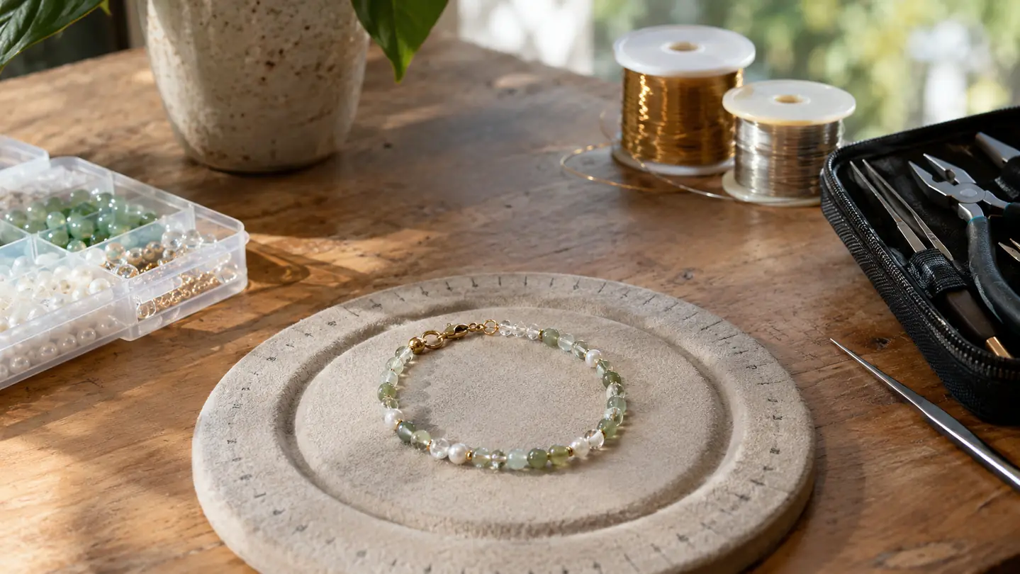 A finished beaded bracelet lying on a bead mat next to a small jewelry tool kit