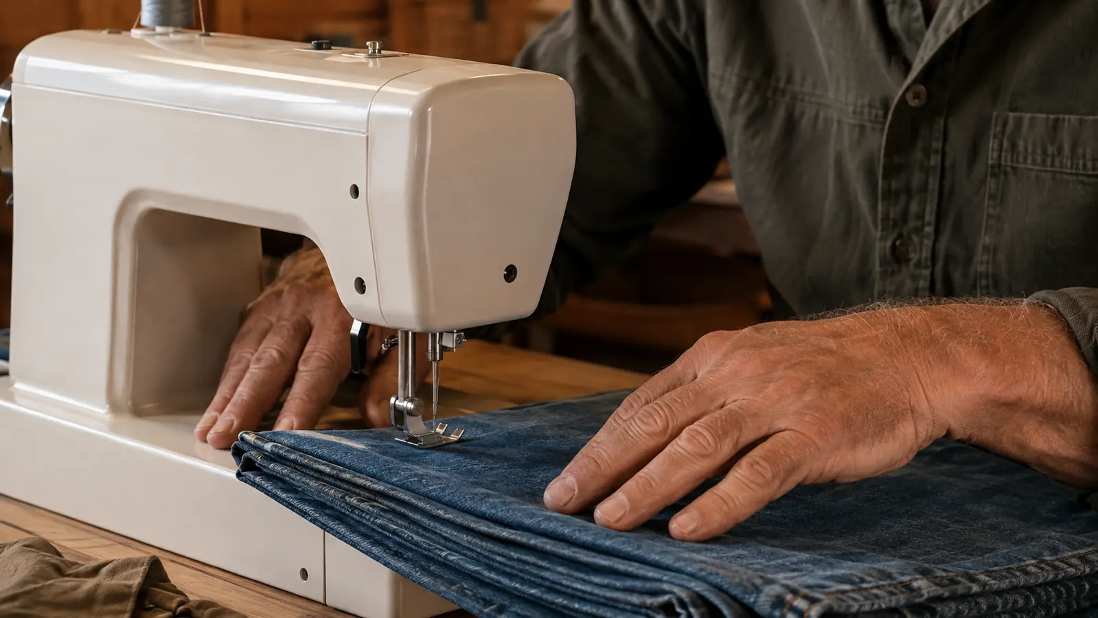 Close view of thick folded denim passing under the presser foot of a heavy duty sewing machine mid stitch