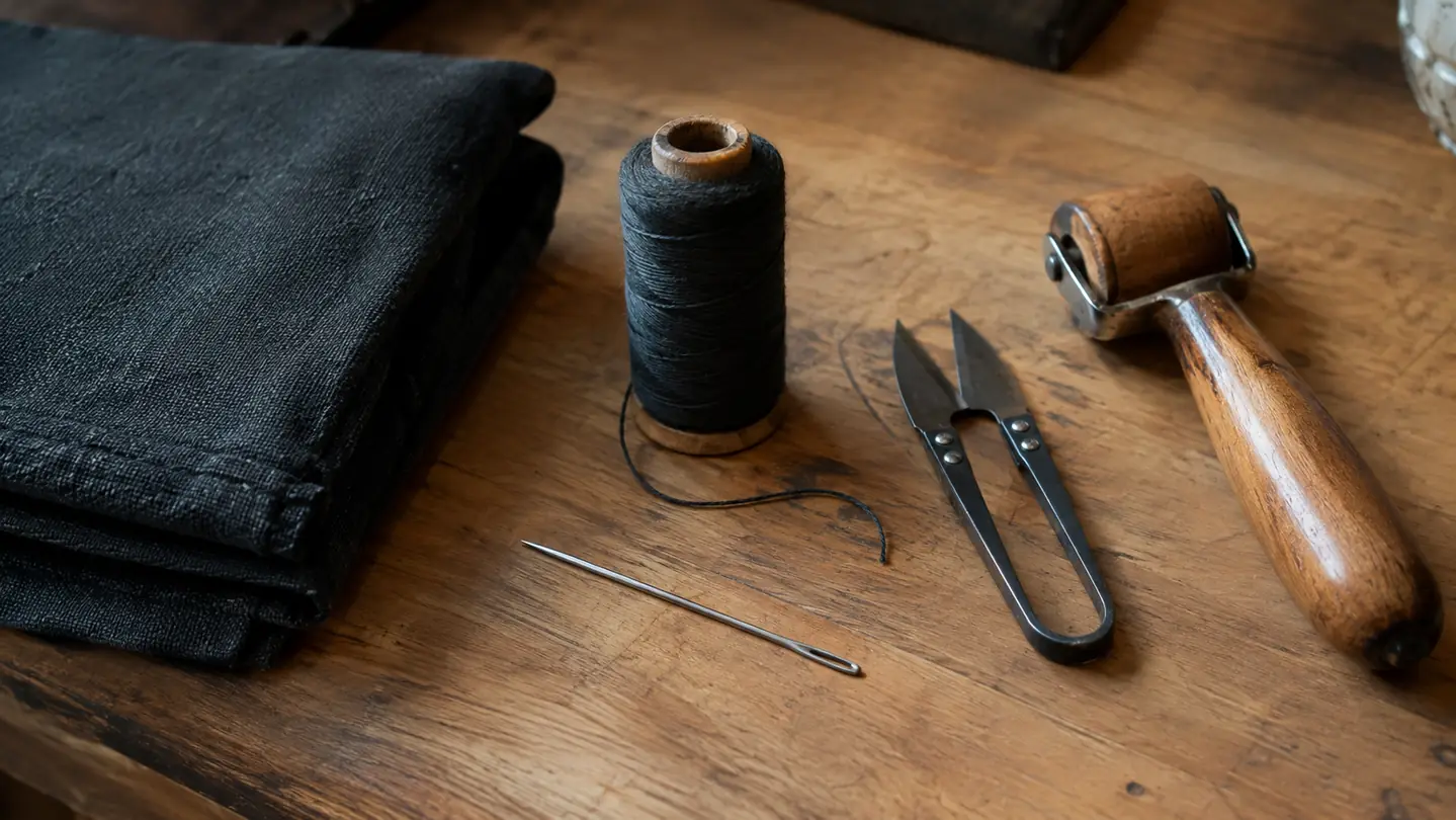 A flat lay of sewing supplies on a craft table: a denim needle, a spool of heavy thread, small snips, and a folded piece of canvas