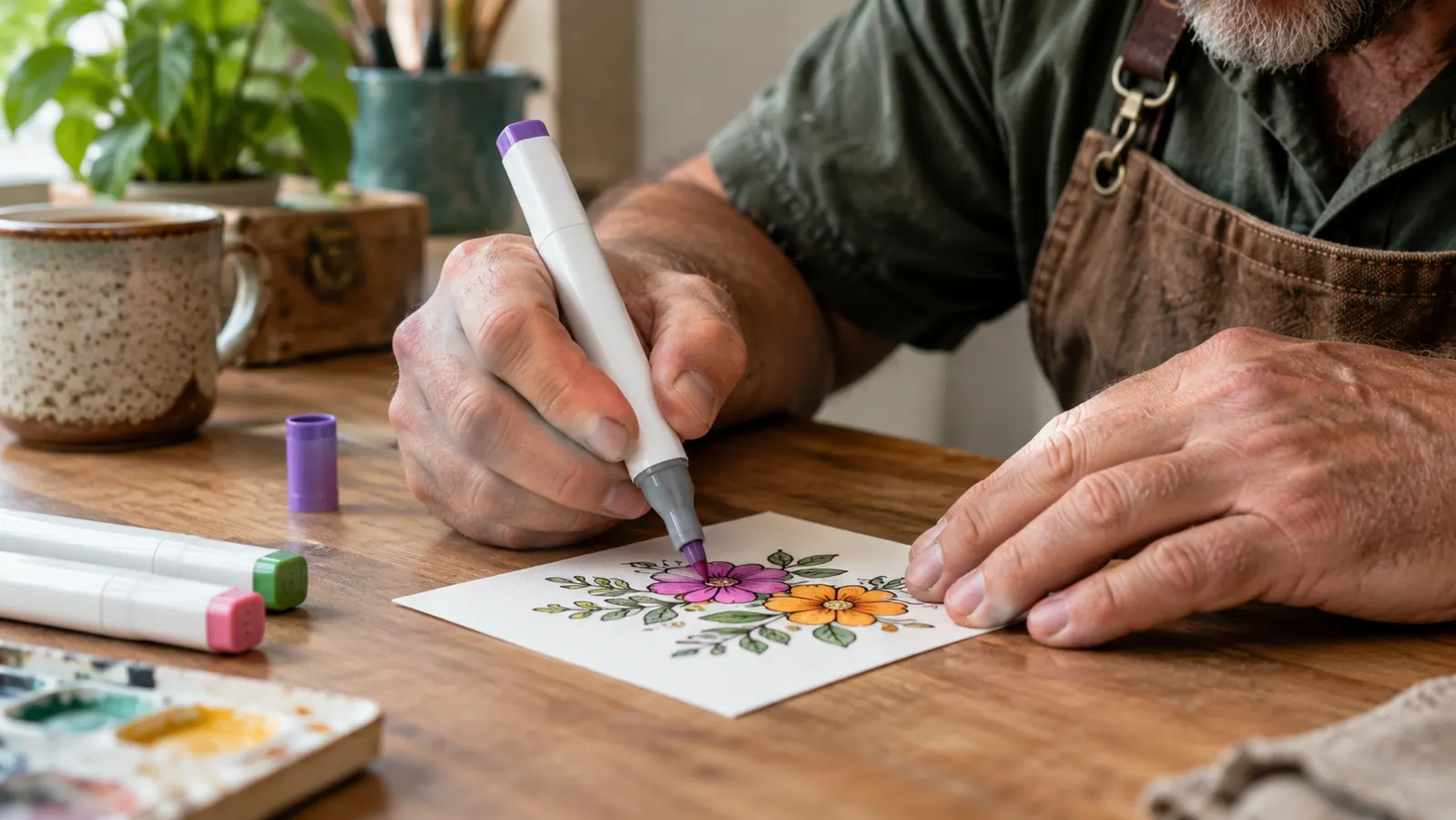 A hand holding an alcohol marker with a fine tip, coloring inside a small floral design on white card stock