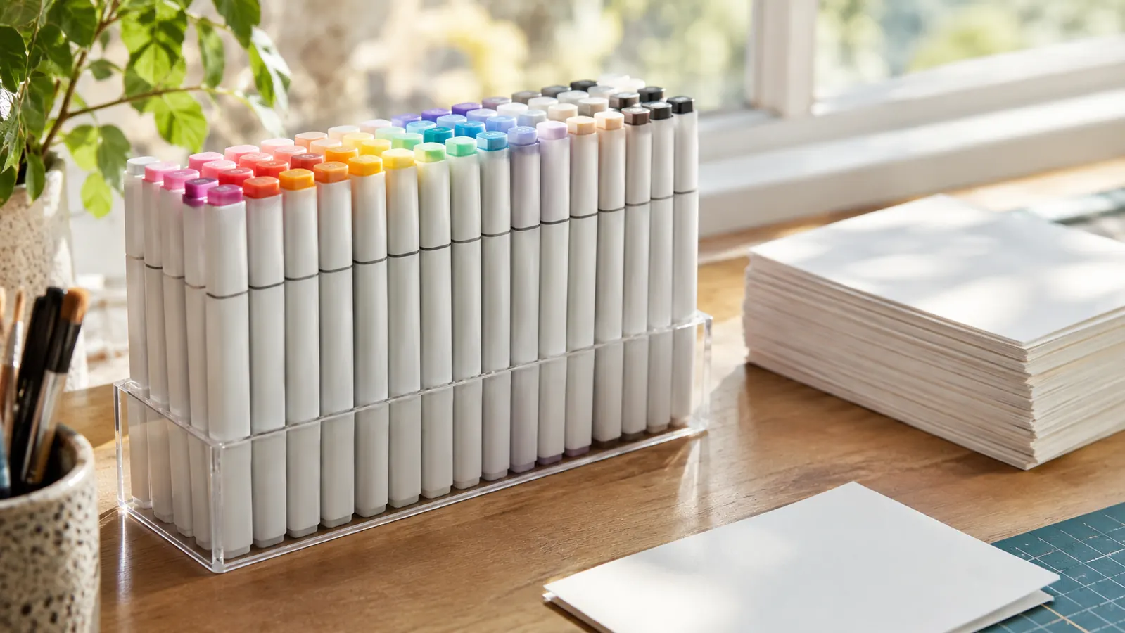 A neat row of alcohol markers standing upright in a clear organizer on a craft table