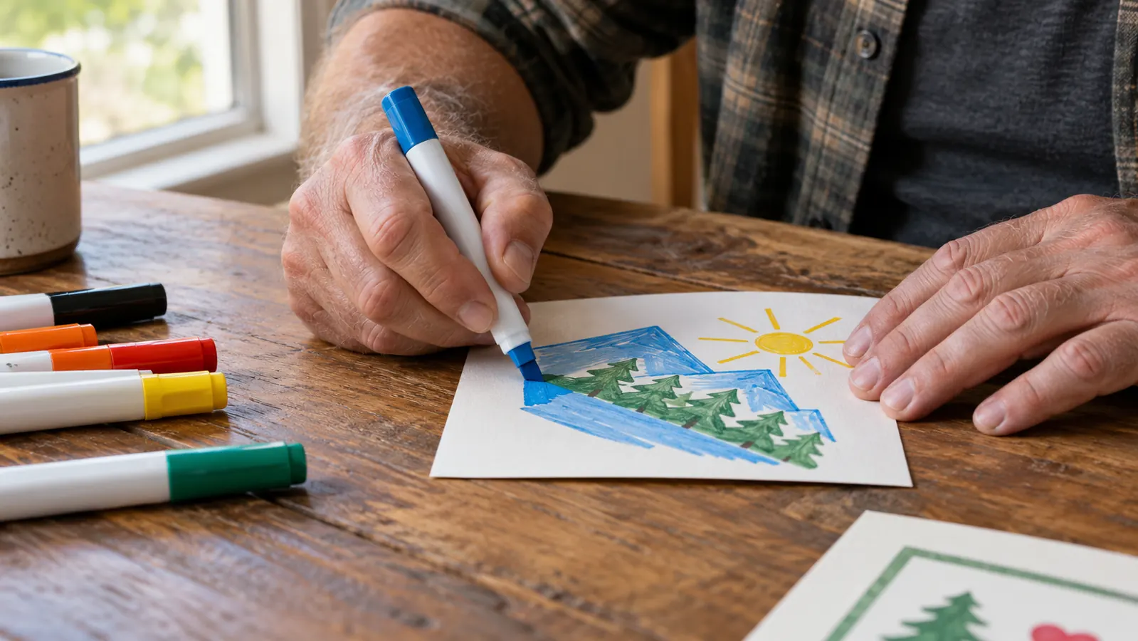 A hand holding a marker with a chisel tip coloring a small section of a card design