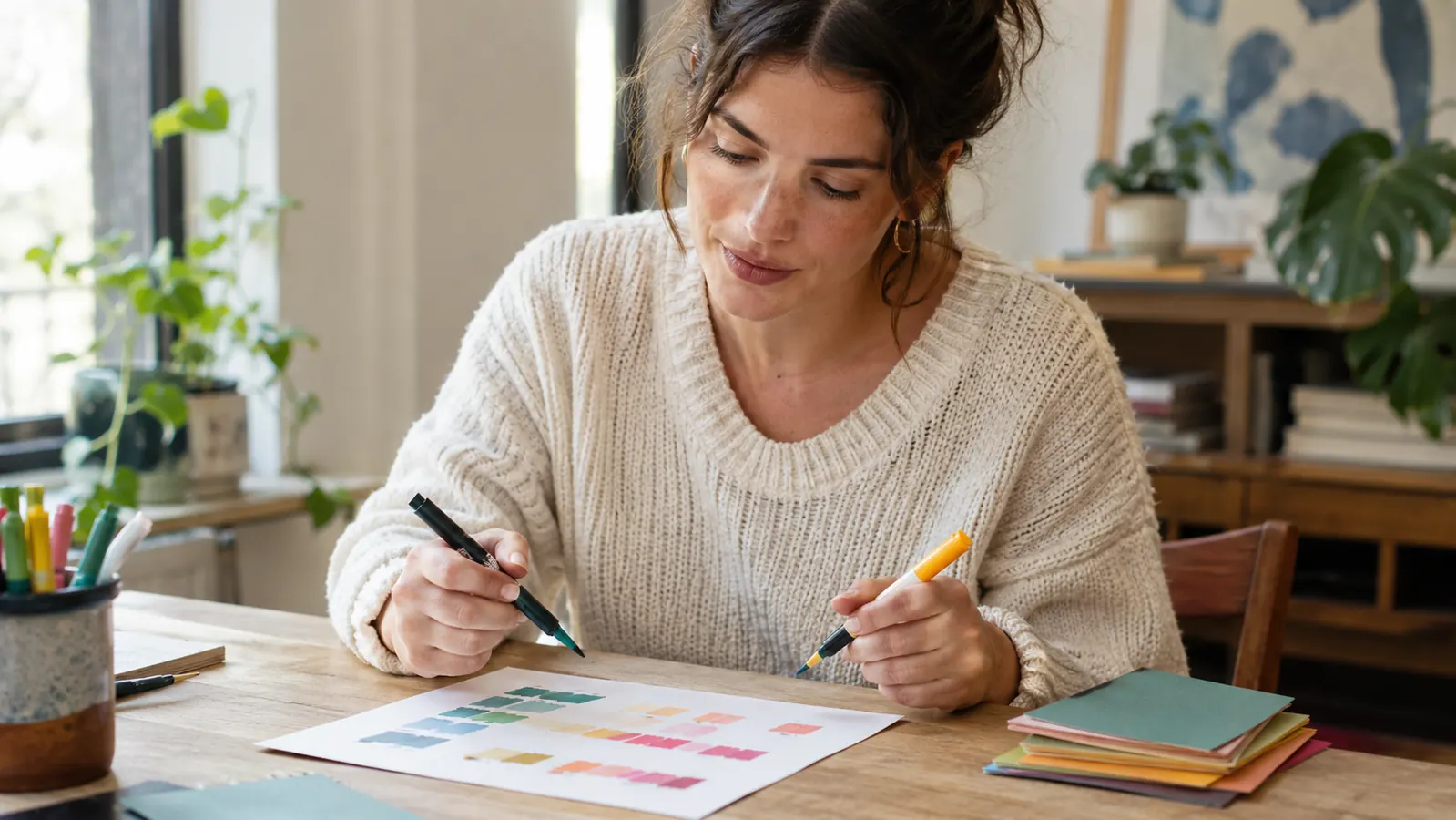 A woman comparing two marker swatches on a sheet of paper at a craft table