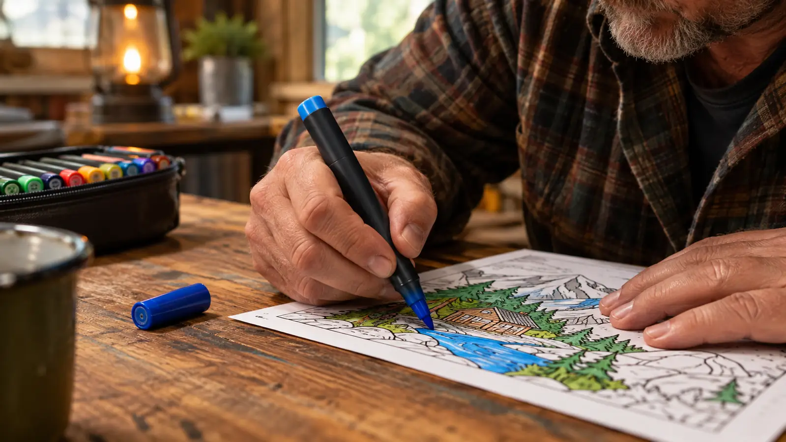 A hand holding an alcohol marker over a coloring page on a craft table