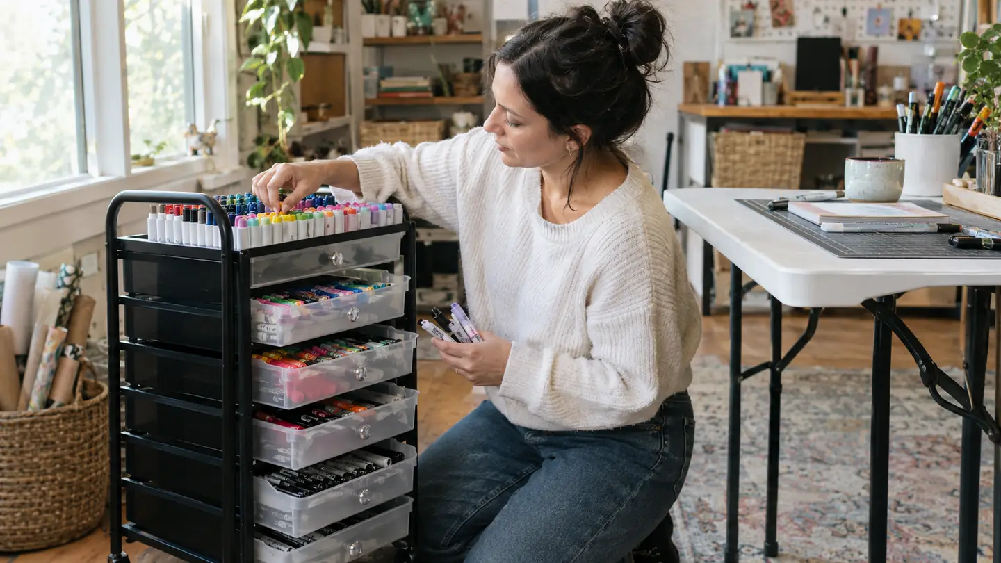 A woman sorting alcohol markers into a rolling cart of drawers in a craft room
