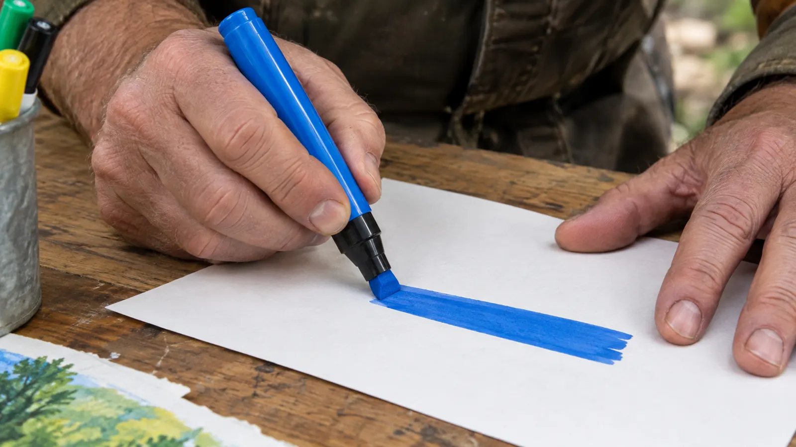 A hand holding a marker with a chisel tip, laying down a broad stroke of color on paper
