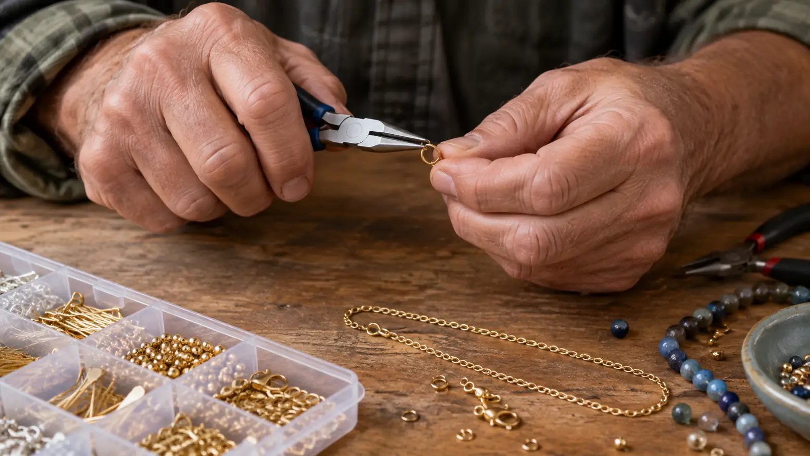 A woman's hands using small pliers to open a jump ring at a craft table