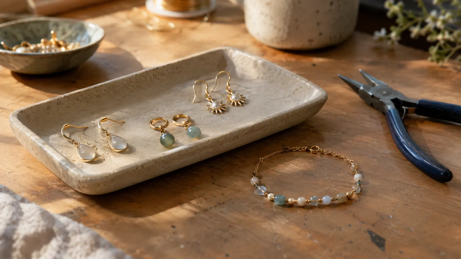 A small tray of finished earrings and a bracelet on a craft table