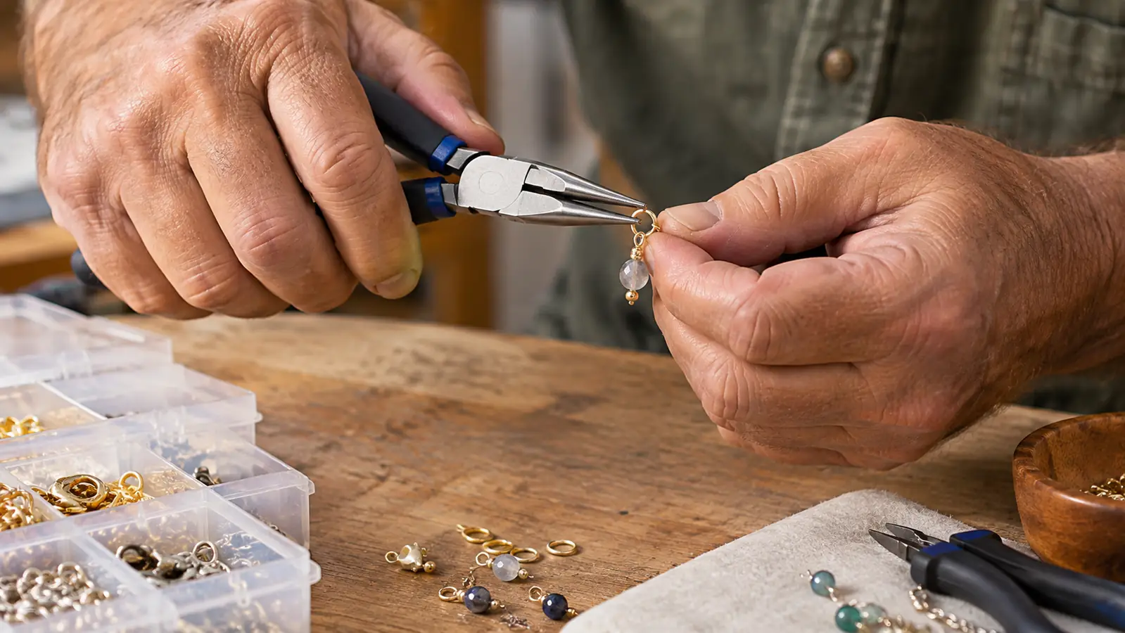 A hand using pliers to open a jump ring on a jewelry finding at a craft table