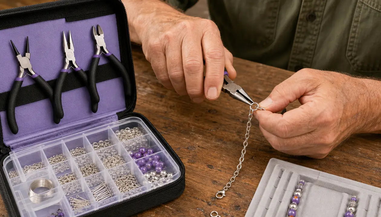 A hand using pliers from the kit to open a jump ring on a jewelry chain at a craft table