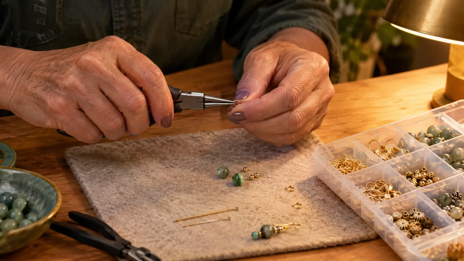 A woman using a jewelry making kit at a craft table, with pliers and a small helping hands stand in front of her