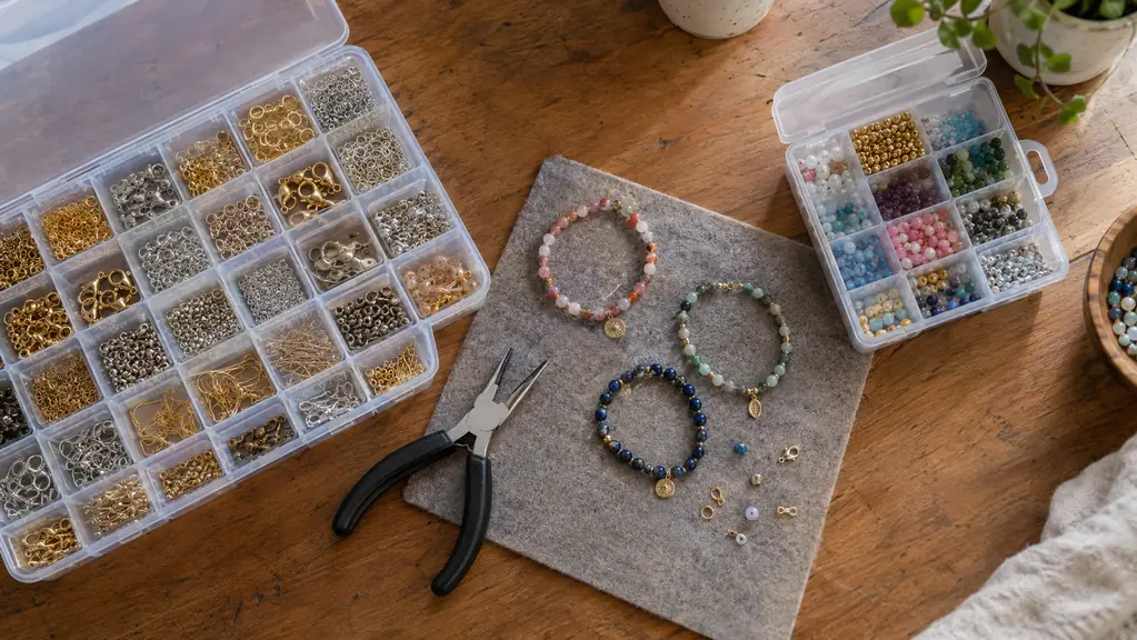 Two jewelry making kits open side by side on a craft table with pliers and finished bracelets