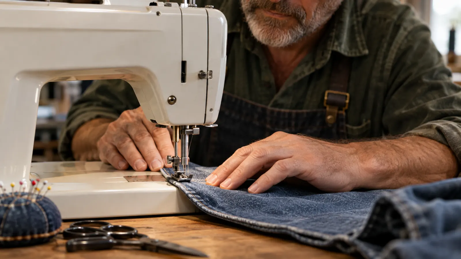 Close view of a heavy duty sewing machine on a craft table with a folded denim edge under the presser foot